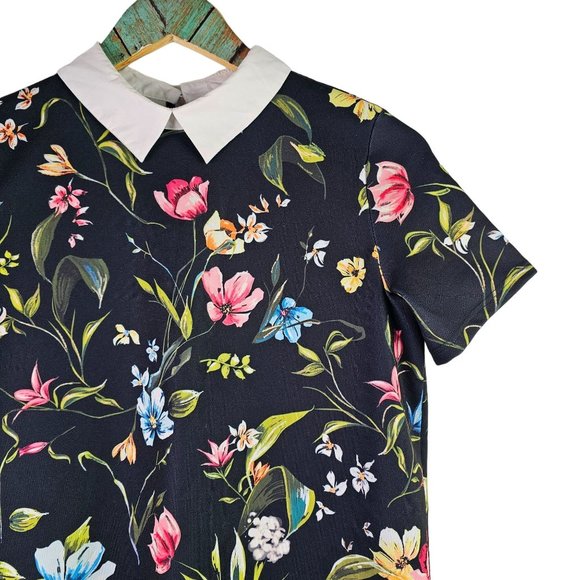 Zara Trafaluc Multi-colored All-over Print Floral Shift White Collared Dress, S - Picture 5 of 9